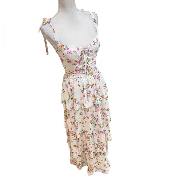 Wayf 2 piece floral flowy tiered maxi skirt & crop top corset tie straps small - Picture 3 of 14